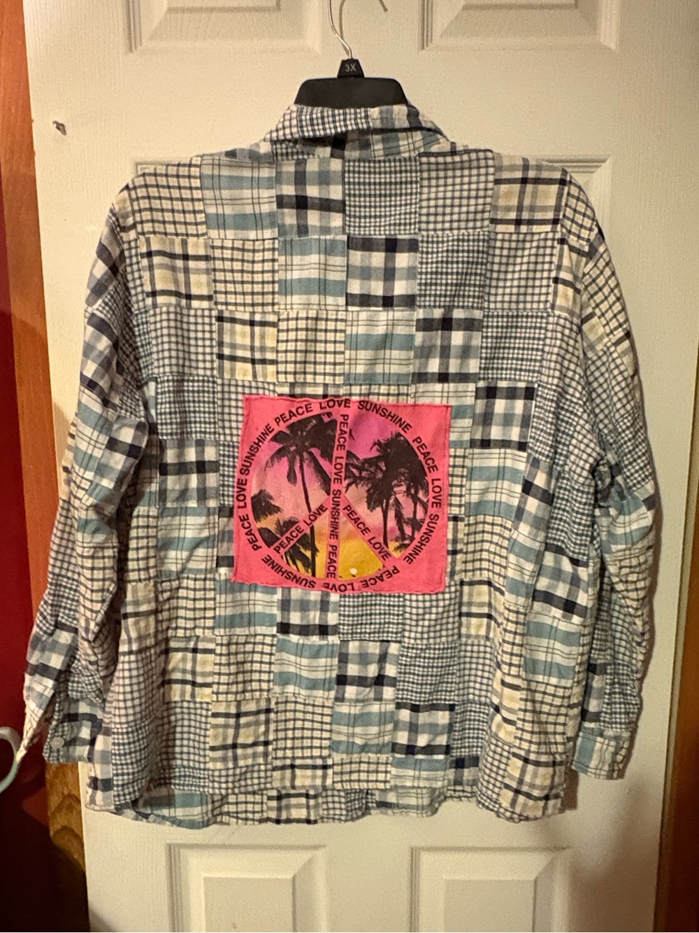Upcycled Blue and Cream Patchwork Plaid shirt with Pink Graphic Patch